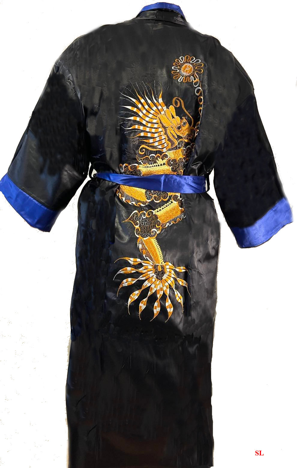 Peignoir Kimono nuisette Bleu Noir Réversible brodé dragon  Femme/ Homme Taille unique