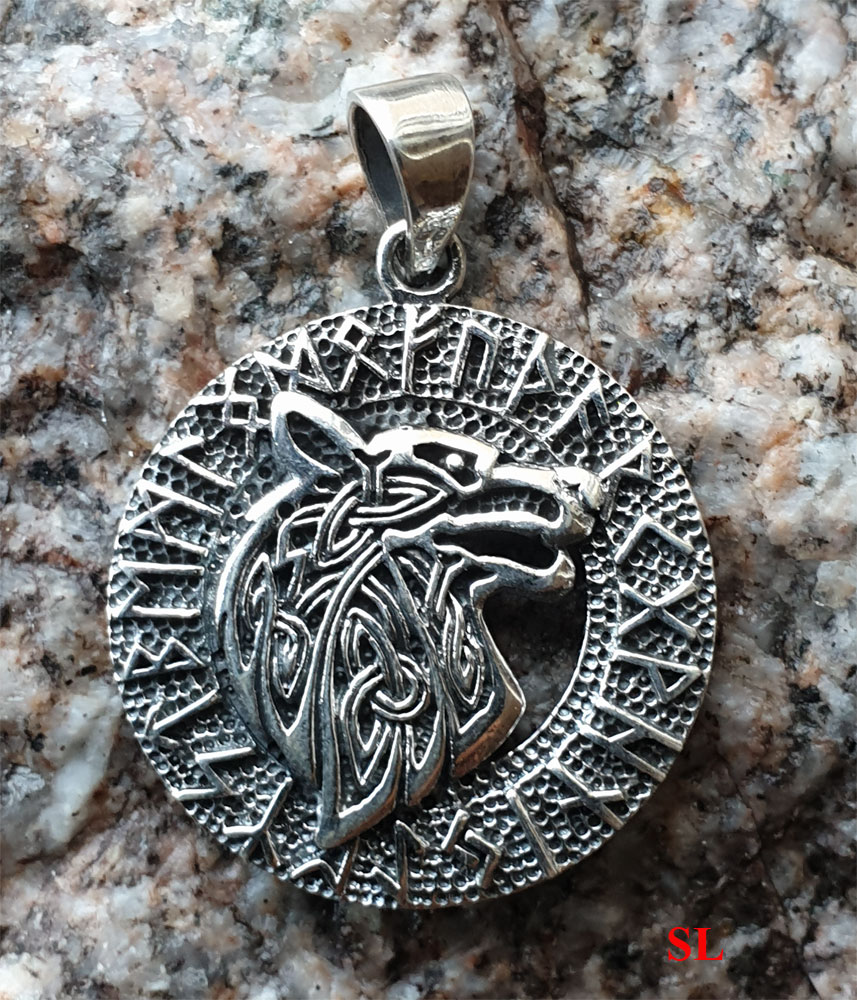 Beau-pendentif-Loup-viking-Rune-celtique-en-argent-massif-925-poinçon